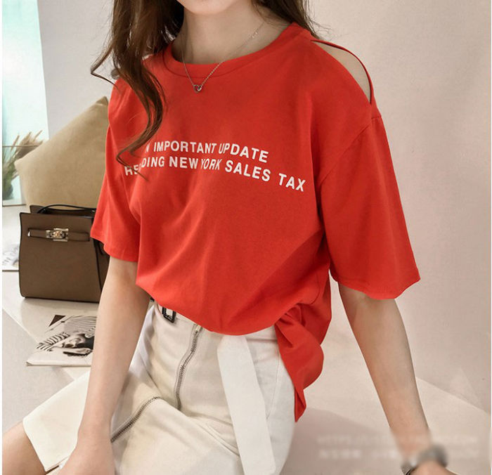 Kaos Wanita Printing Lengan Pendek Bahu Lobang Casual