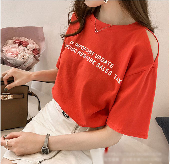 Kaos Wanita Printing Lengan Pendek Bahu Lobang Casual