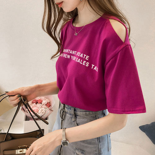 Kaos Wanita Printing Lengan Pendek Bahu Lobang Casual
