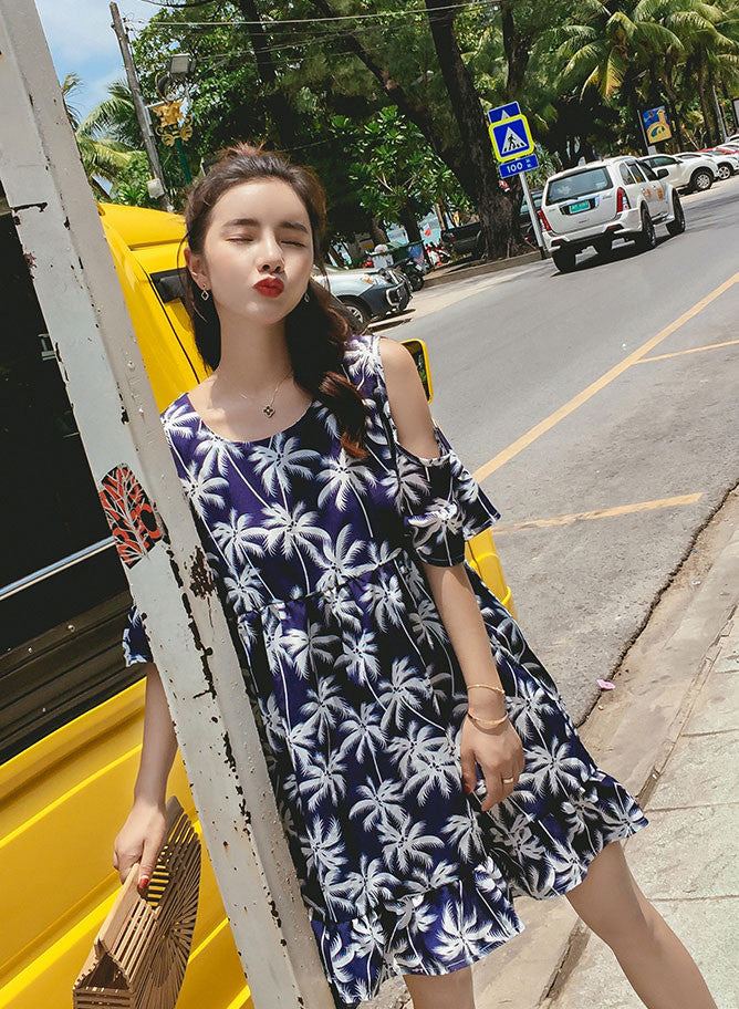 Dress Wanita Biru Sabrina Musim Panas Import