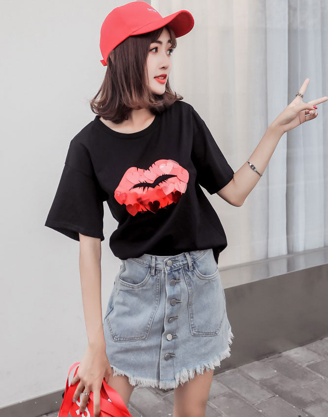 Kaos Wanita Gambar Bibir Merah Sequins Kasual