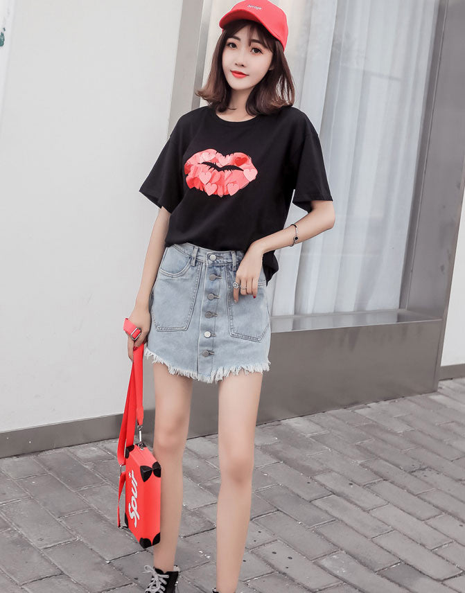 Kaos Wanita Gambar Bibir Merah Sequins Kasual