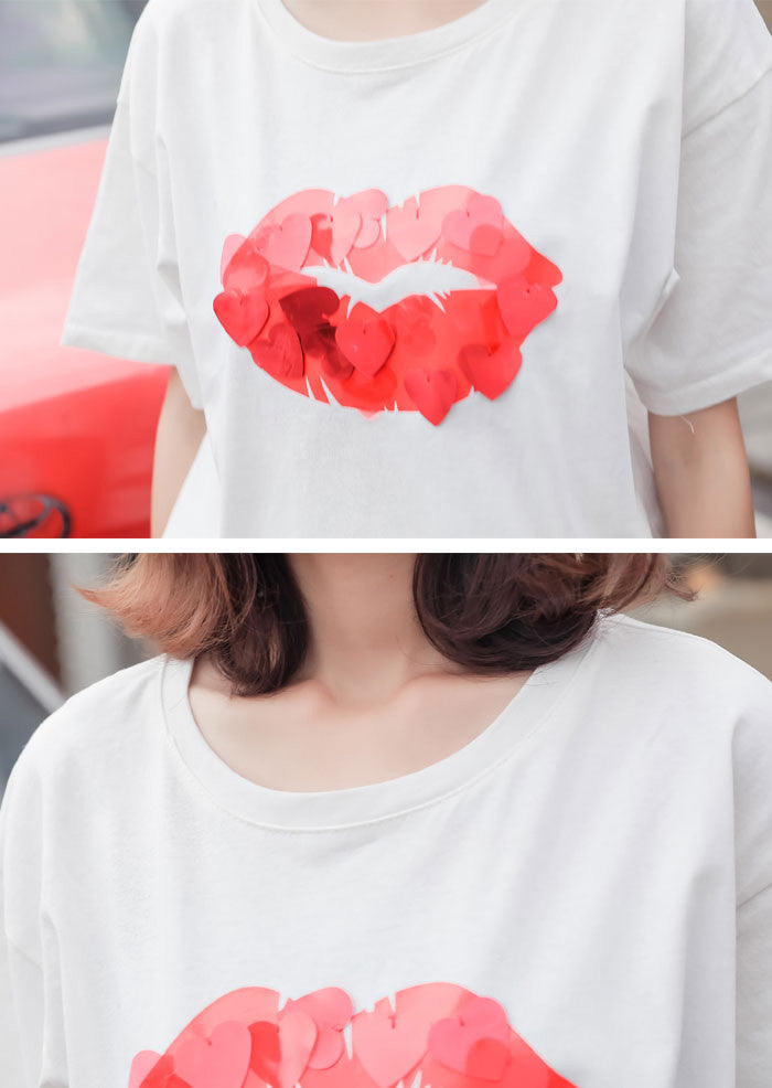 Kaos Wanita Gambar Bibir Merah Sequins Kasual