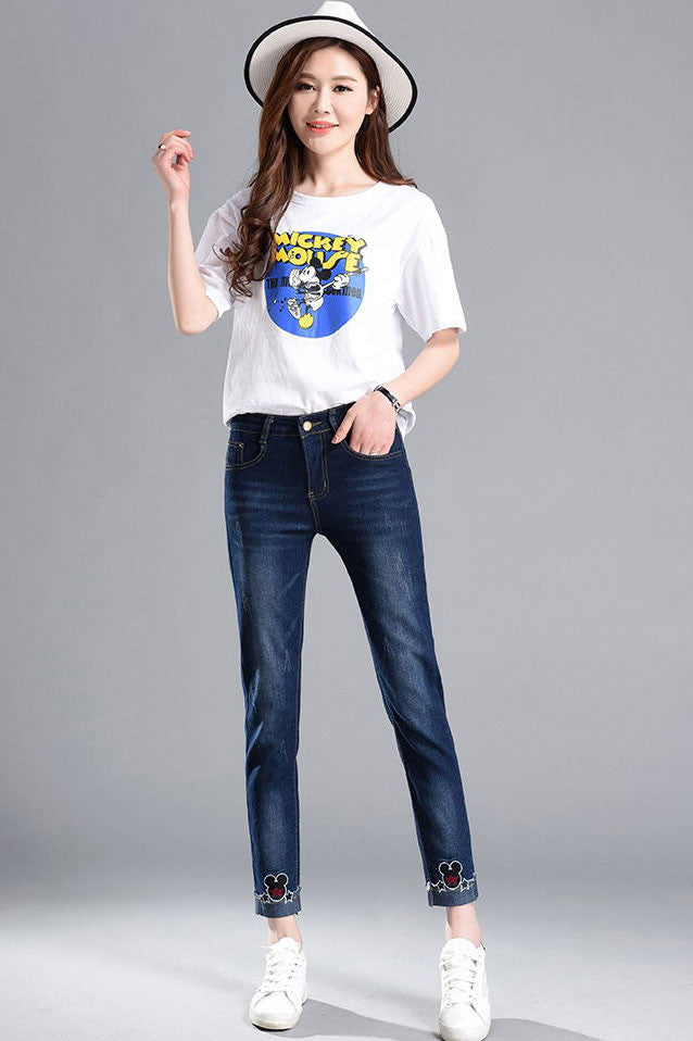 Celana Panjang Wanita Jeans Pensil Bordir Mickey