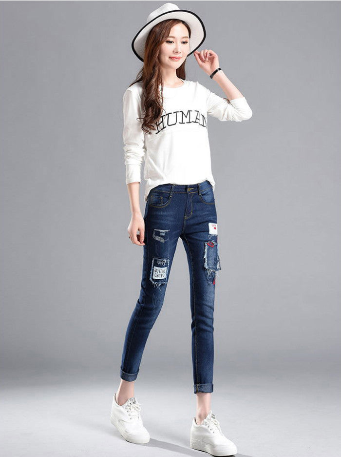 Celana Panjang Wanita Jeans Pensil Bordir Patch Sobek