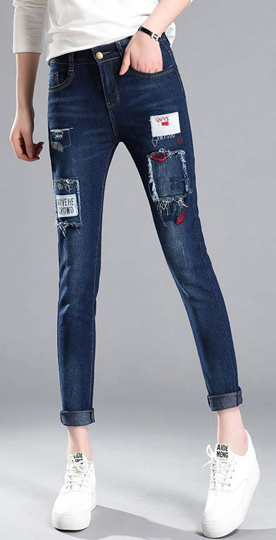 Celana Panjang Wanita Jeans Pensil Bordir Patch Sobek