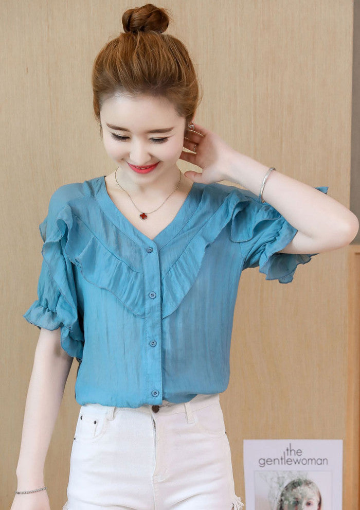 Blouse Wanita V Neck Lengan Pendek Fashion