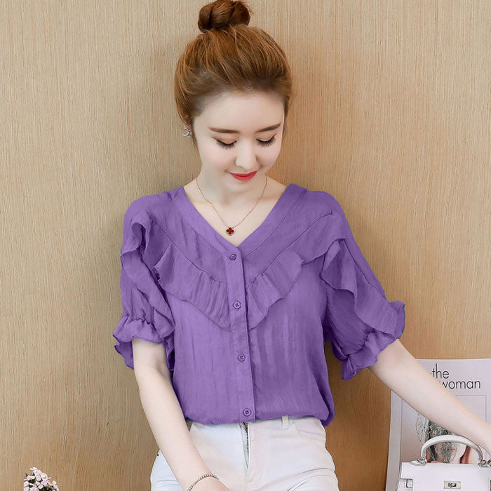 Blouse Wanita V Neck Lengan Pendek Fashion