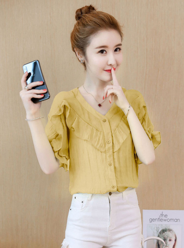 Blouse Wanita V Neck Lengan Pendek Fashion