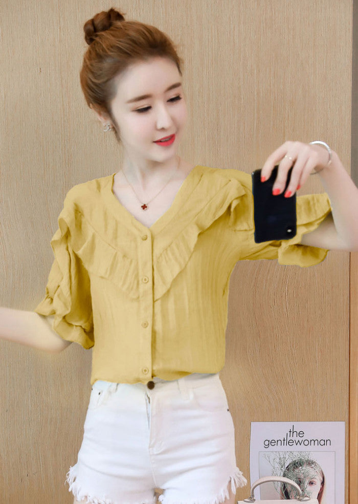 Blouse Wanita V Neck Lengan Pendek Fashion