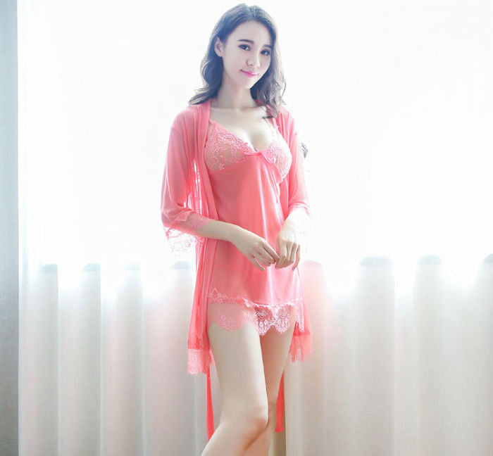 Lingerie Robe Lace Hem and Babydoll Lace Chest and Hem Irregular