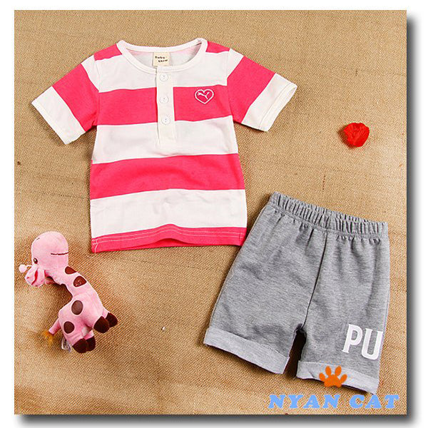 Girl Set Pink Stripe T-Shirt and Gray Pants