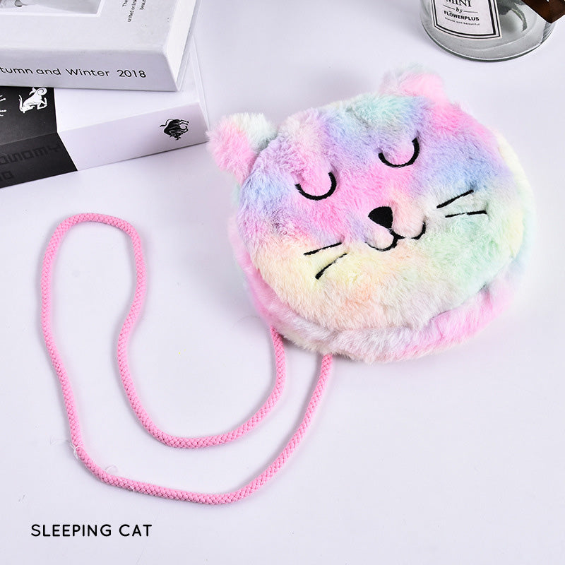 Tas Selempang Bulu Kepala Unicorn Kucing Rainbow