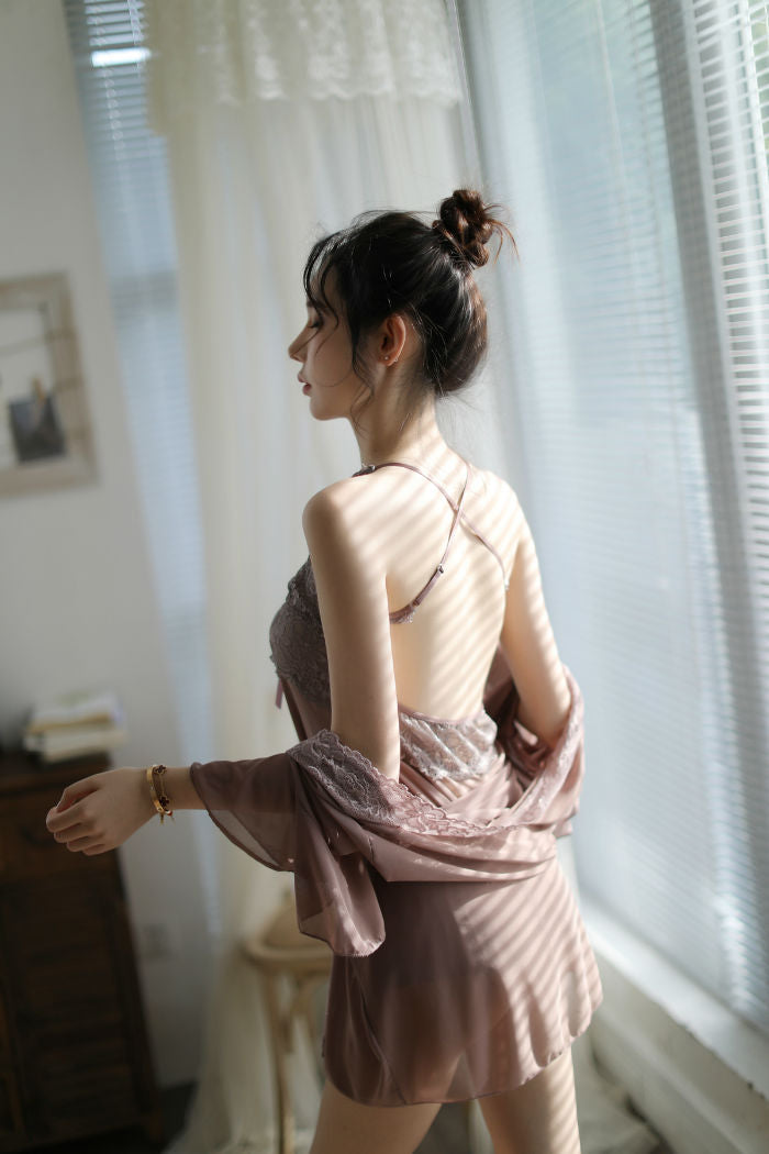 Lingerie Robe Lace Trim and Babydoll Lace Upper X Back SUX050