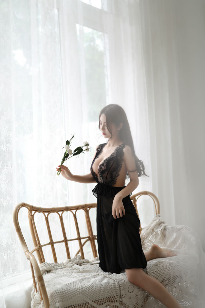 Lingerie Babydoll Lace Upper Deep V X Back SUA103