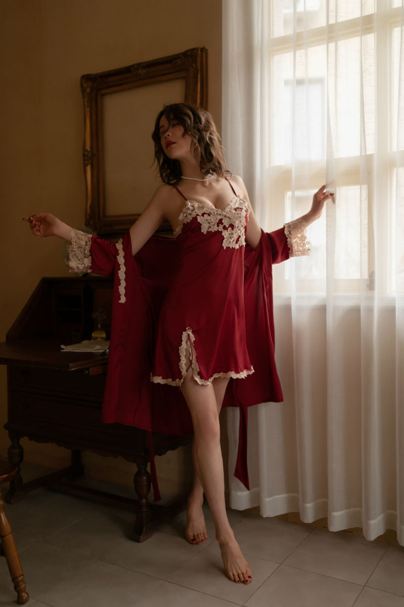 Lingerie Robe Long Sleeves and Babydoll Embroidery SUD417