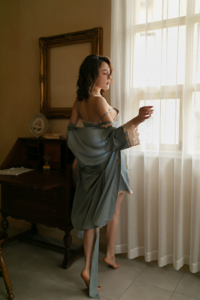 Lingerie Robe Long Sleeves and Babydoll Embroidery SUD417