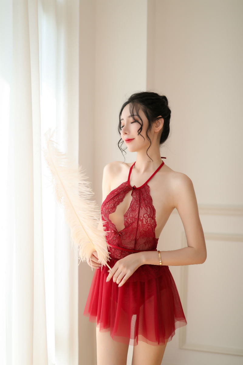 Lingerie Babydoll Lace Upper Open Center Chest Halter Neck SUH007