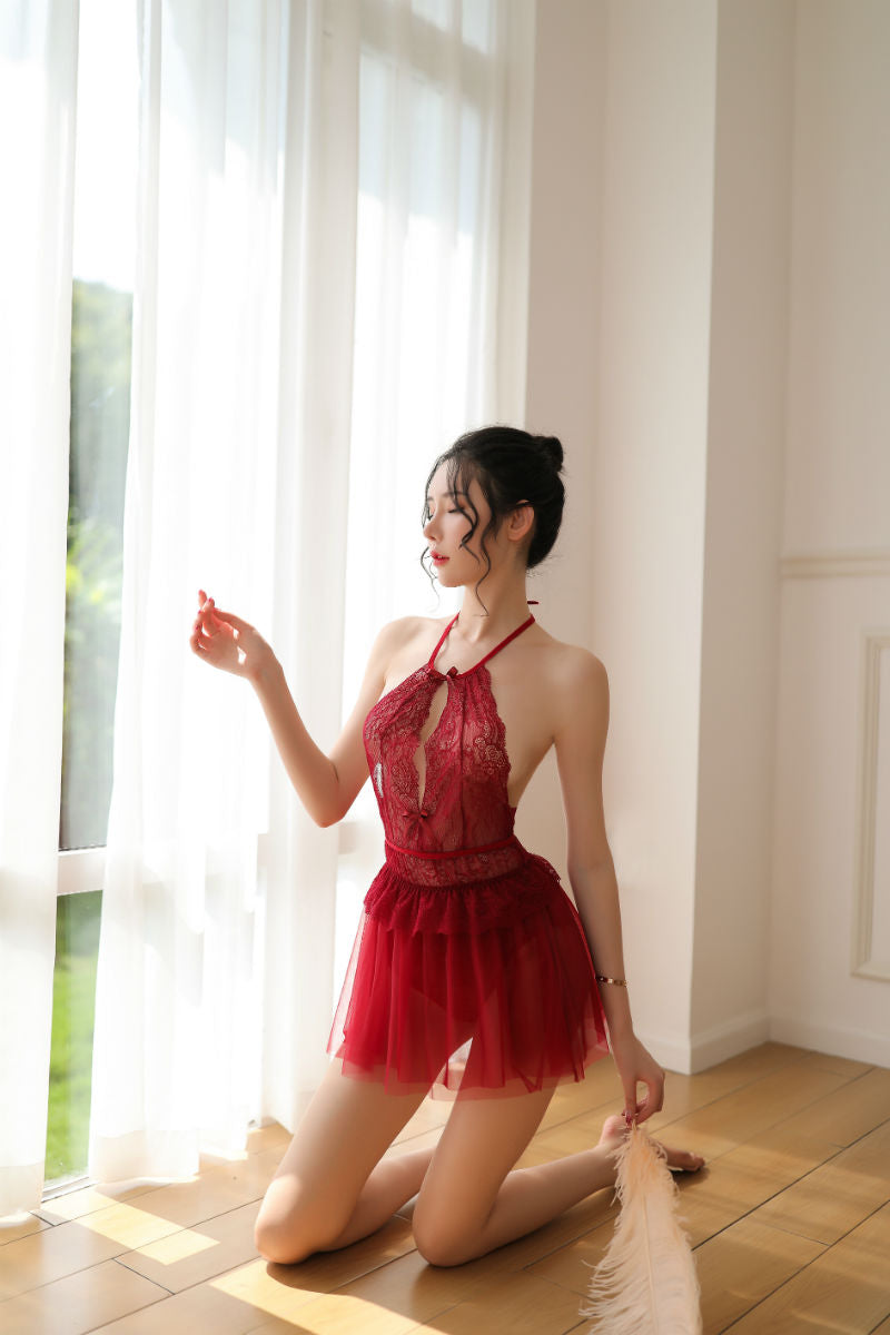 Lingerie Babydoll Lace Upper Open Center Chest Halter Neck SUH007