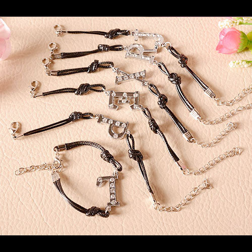 Diamond Letter Black Leather Strap Bracelet Huruf