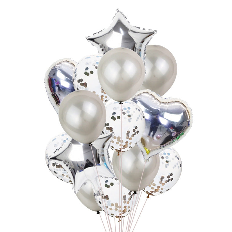 Balon Sequin Bintang Hati Warna Metalik Dekorasi Pesta 14 Pcs