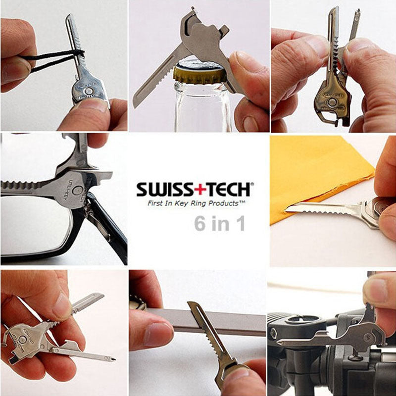 Swiss Tech 6 in 1 Utili Key Ring Multi Tool Folding Knife Pocket Kunci