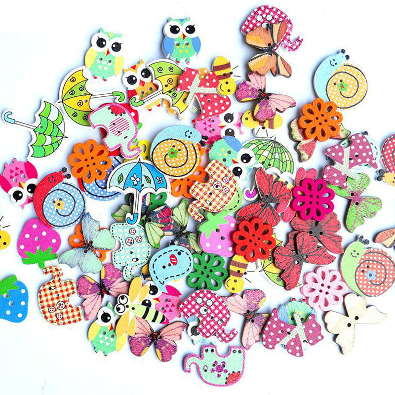 Kancing Kayu Kartun Lucu DIY Craft Scrapbook 50 Pcs