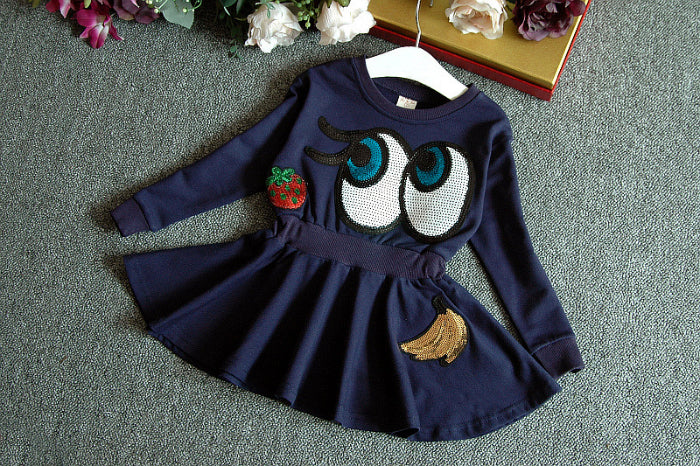 Girl Dress Dark Blue Eyes Sequins Long Sleeved Sweater