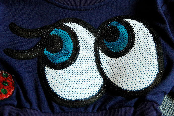 Girl Dress Dark Blue Eyes Sequins Long Sleeved Sweater