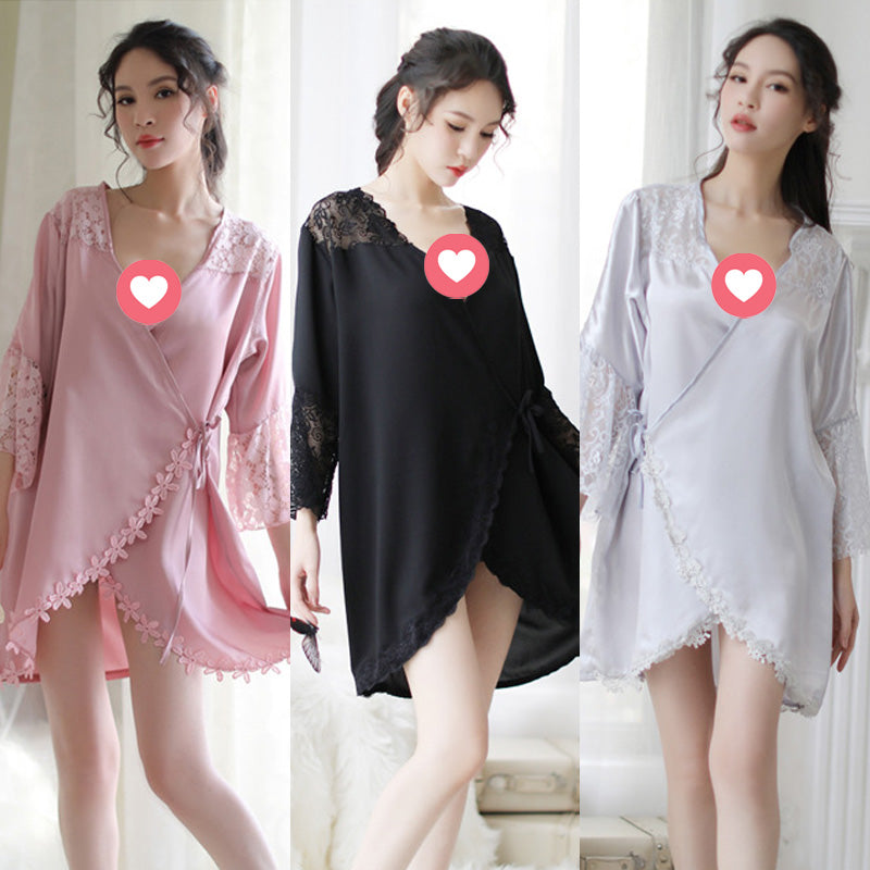 Lingerie Robe Lace Shoulder and Sleeve Tip Flower Trim Lower ZU2044