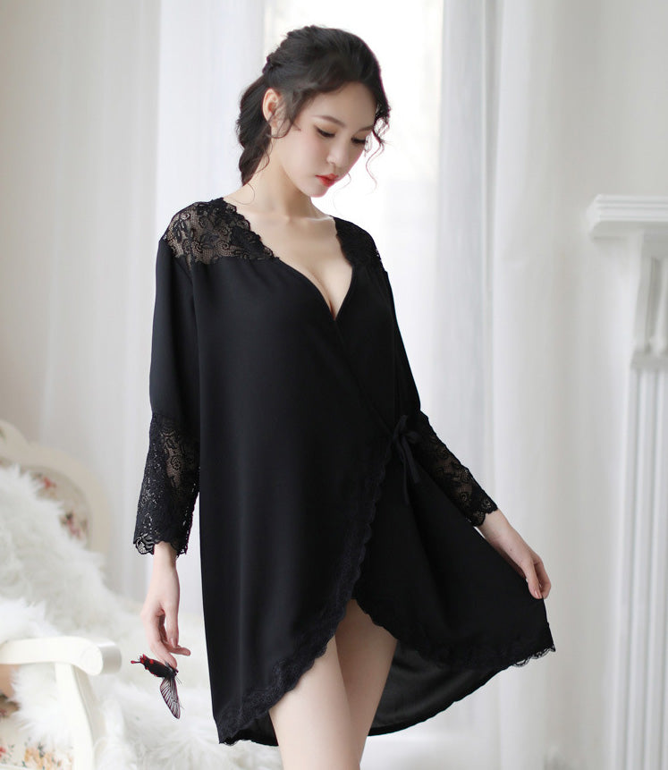 Lingerie Robe Lace Shoulder and Sleeve Tip Flower Trim Lower ZU2044
