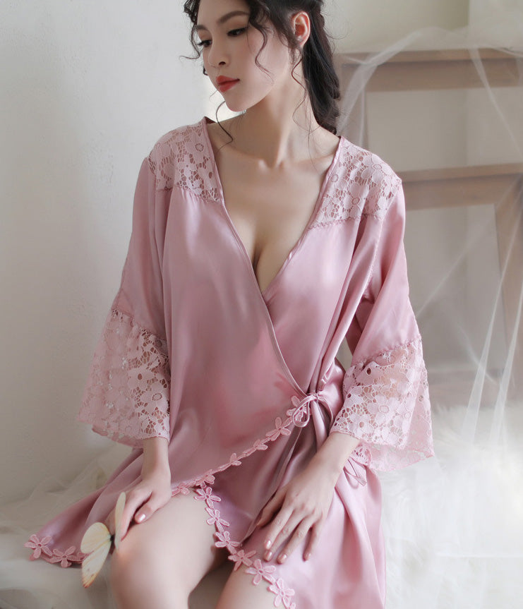 Lingerie Robe Lace Shoulder and Sleeve Tip Flower Trim Lower ZU2044