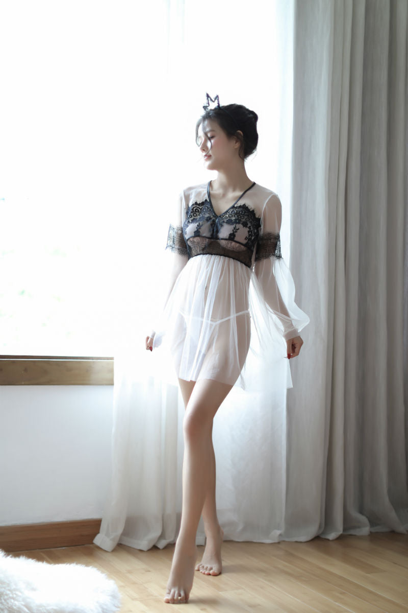 Lingerie Babydoll Dual Tones Lace Upper Long Sleeves