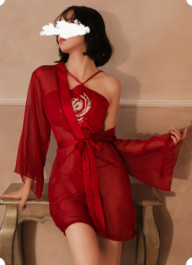 Lingerie Robe Long Sleeves and Two Pieces Embroidery Phoenix ZUP306