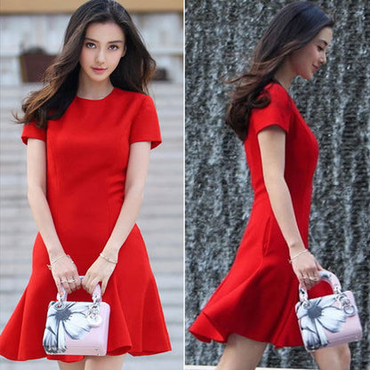 Red Short Sleeves Round Neck Elegant Minimalist Dress 31929RD