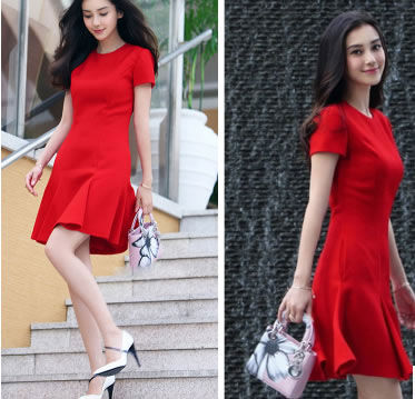 Red Short Sleeves Round Neck Elegant Minimalist Dress 31929RD