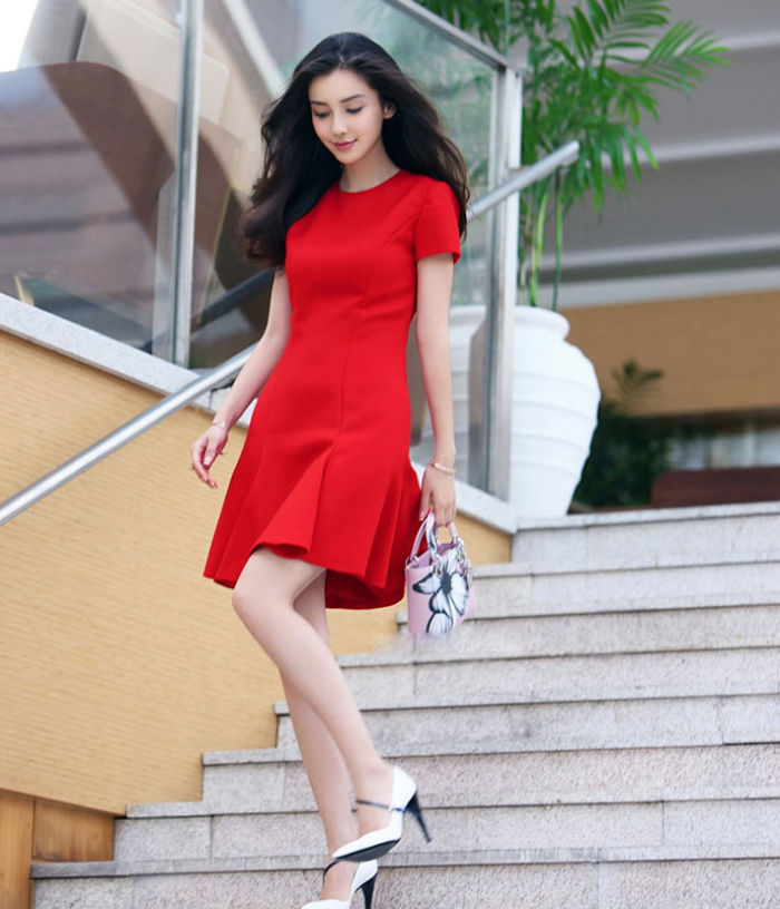 Red Short Sleeves Round Neck Elegant Minimalist Dress 31929RD