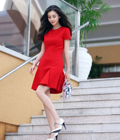 Red Short Sleeves Round Neck Elegant Minimalist Dress 31929RD