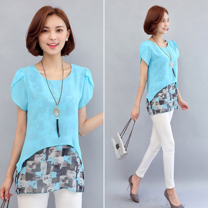 Blouse ue Short Sleeves Chiffon Abstract Fake Two Pieces 37765