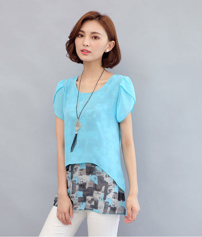 Blouse ue Short Sleeves Chiffon Abstract Fake Two Pieces 37765