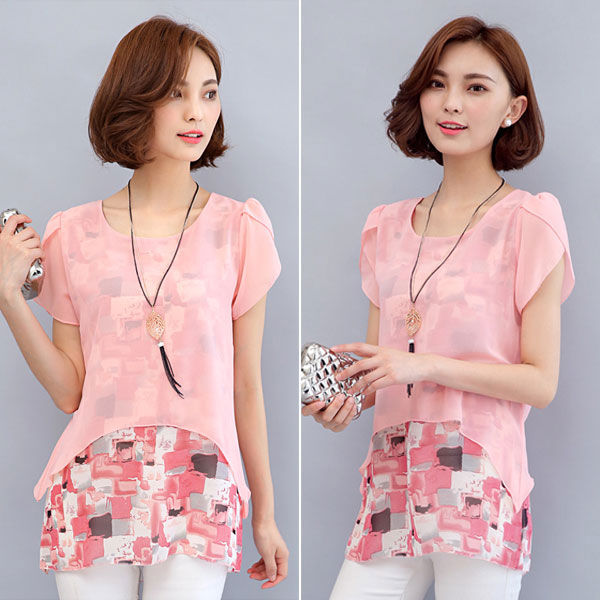 Blouse ue Short Sleeves Chiffon Abstract Fake Two Pieces 37765