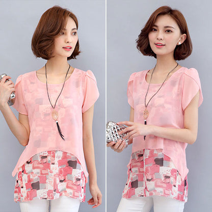 Blouse ue Short Sleeves Chiffon Abstract Fake Two Pieces 37765