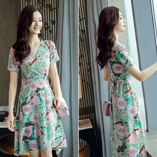 Green Flower Short Sleeves V Neck Irregular Dress