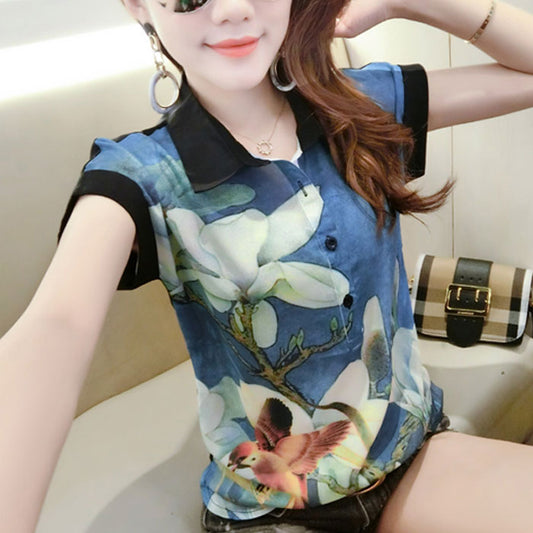 Kemeja Wanita Hitam Bunga Burung Lengan Pendek Formal 52541