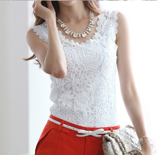 Atasan Wanita Putih Brokat Bunga Tanpa Lengan Import 54976
