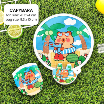 Kipas Tangan Lipat Bulat Tas Mini Folding Fan Portable Karakter Lucu