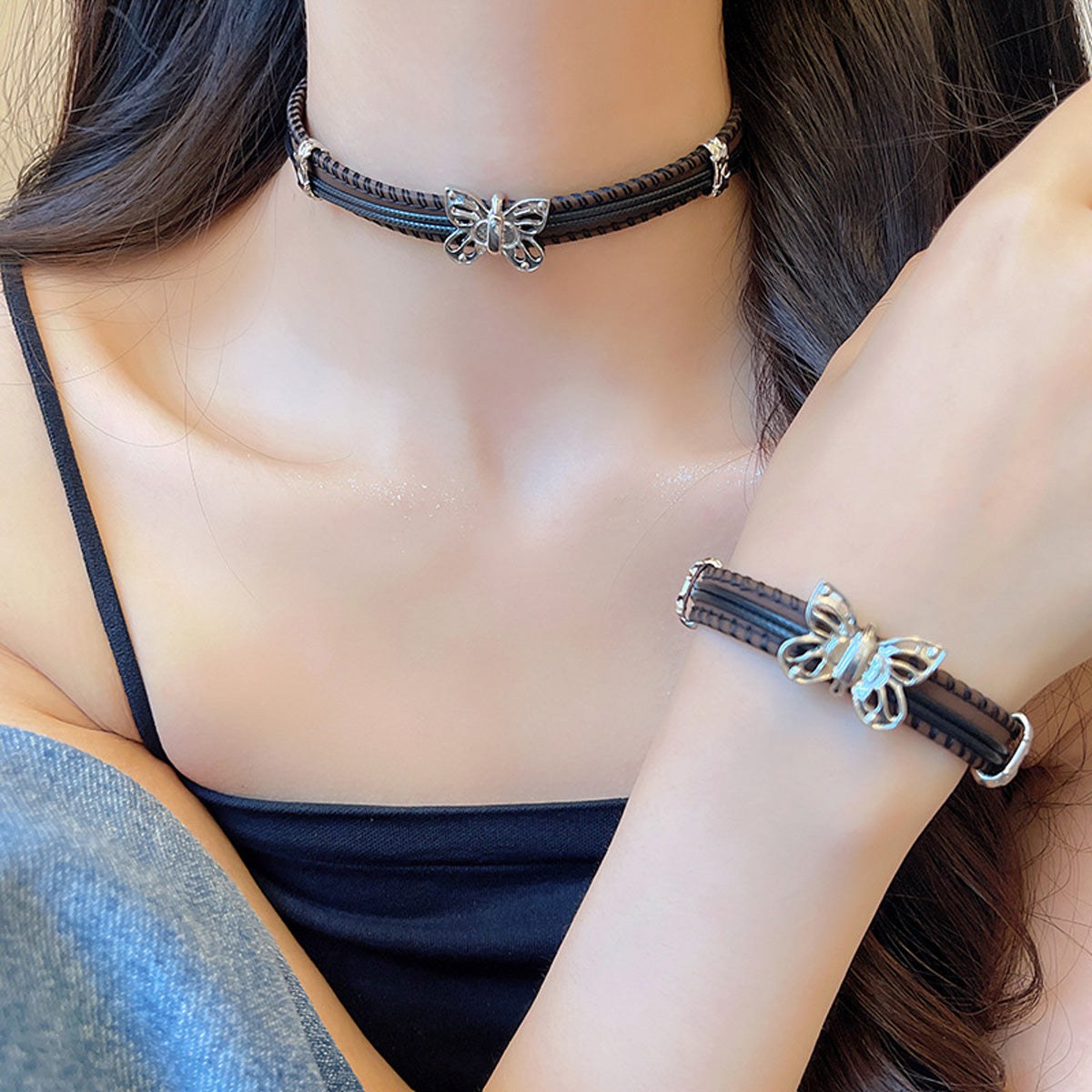 Choker and Necklace Dark Butterfly Clavicle Chain Punk Girl Rock Leather HXBS0579 HXKX1458