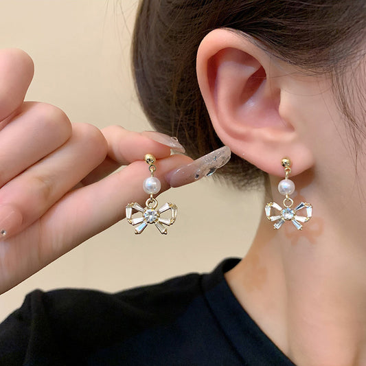 Earring Stud Pearl Zircon Bow HXEA0669