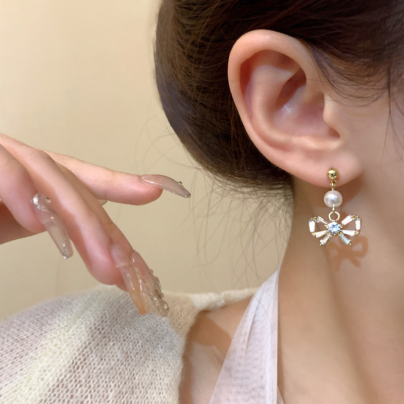 Earring Stud Pearl Zircon Bow HXEA0669