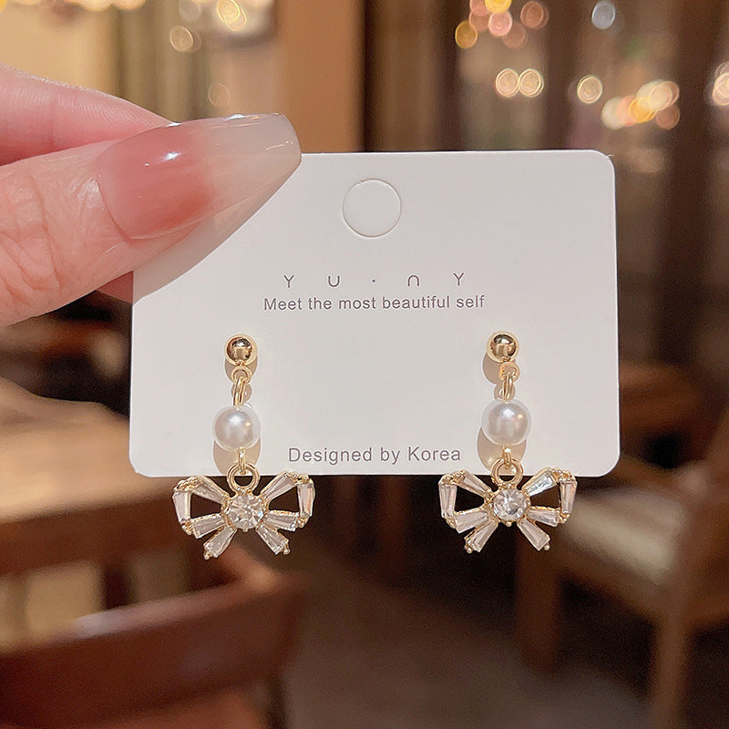 Earring Stud Pearl Zircon Bow HXEA0669